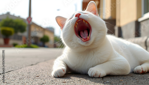 White cat yawns on a street. Portrait of resting animal in summer highlighted by white, png photo