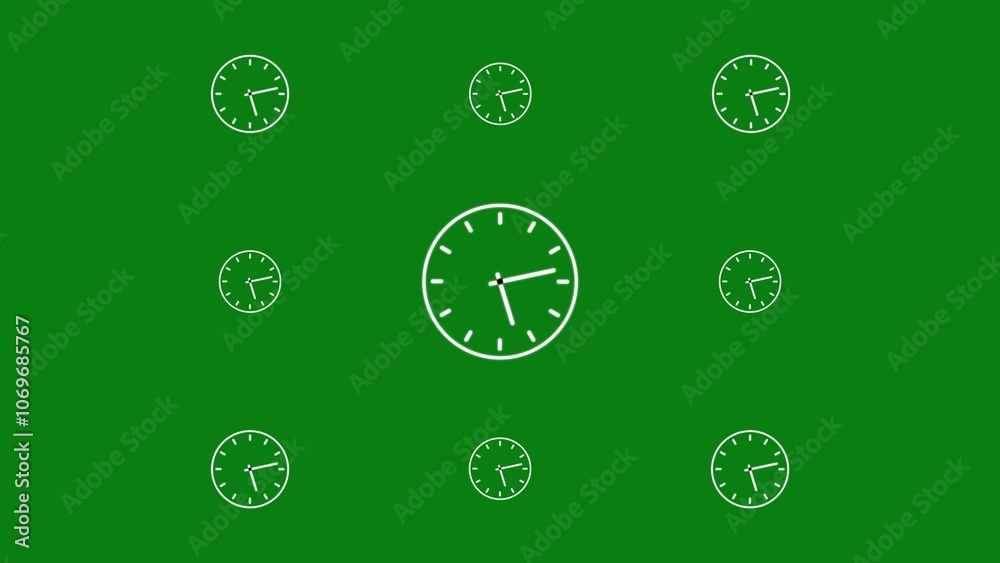 Minimalist Green Background with White Clock Icons in Repetitive Pattern Minimalist Green Background with White Clock Icons in Repetitive Pattern