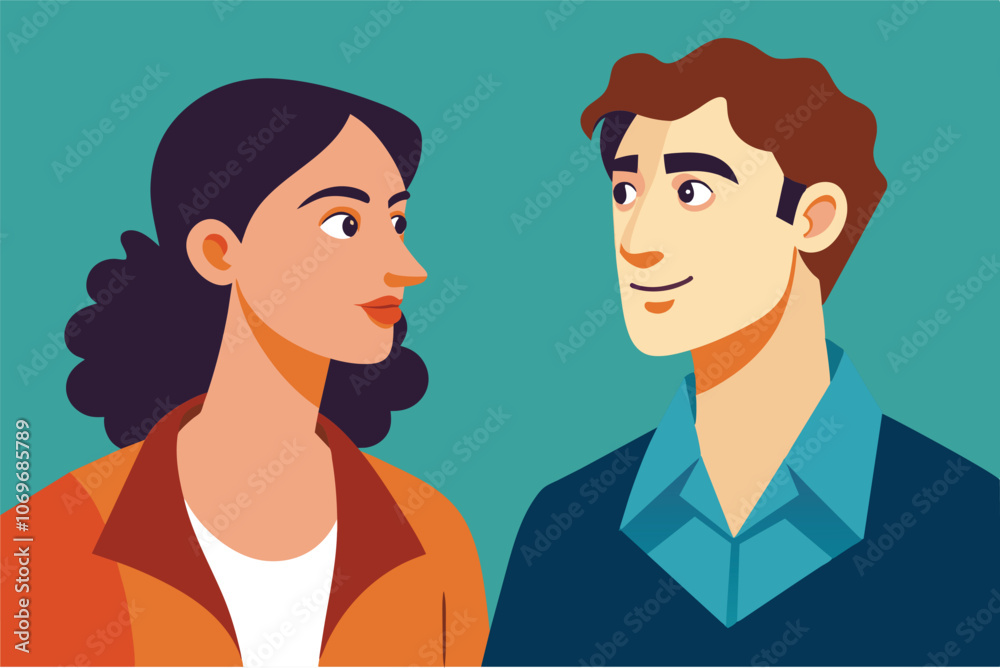 Smiling Man and Woman Looking at Each Other in a Cartoon Illustration Smiling Man and Woman Looking at Each Other in a Cartoon Illustration