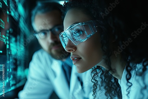 Two scientists look at a computer screen. This photo can be used to represent data analysis, research, or technology.