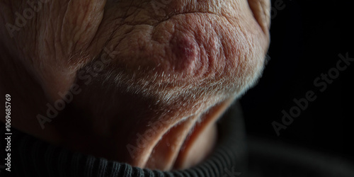 Close-up of elderly man's chin showing wrinkles and grey hairs photo