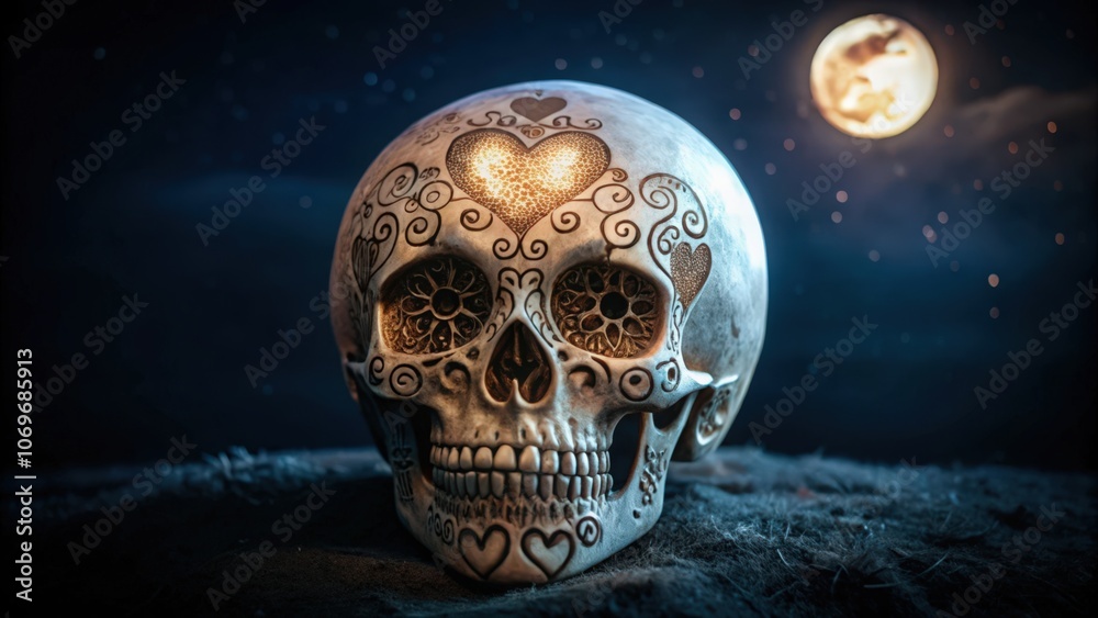 Decorated Skull with a Heart Under a Full Moon Decorated Skull with a Heart Under a Full Moon