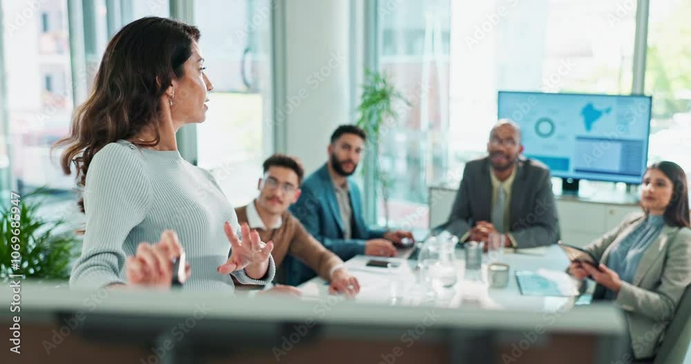 Presentation, planning and business woman in meeting for diplomacy, foreign service officer and target audience. Political workshop, campaign manager and collaboration with people for research team