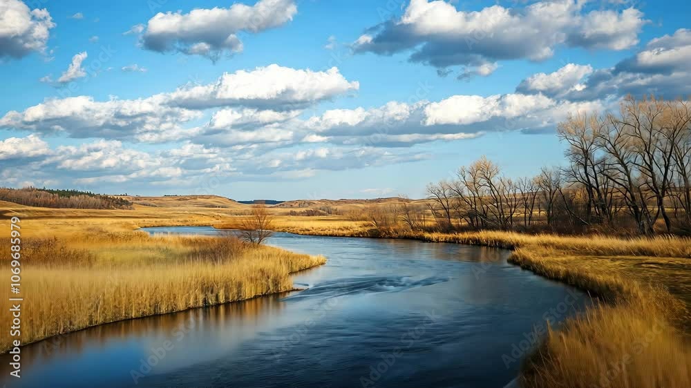 A winding river flows through a golden field under a blue sky with fluffy white clouds A winding river flows through a golden field under a blue sky with fluffy white clouds