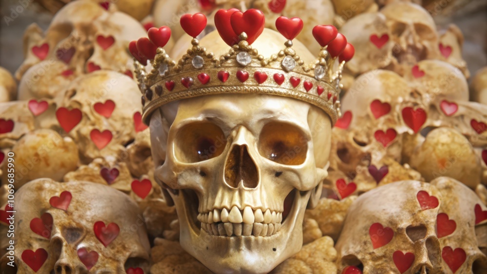 Naklejka premium A Human Skull Wearing a Crown of Hearts