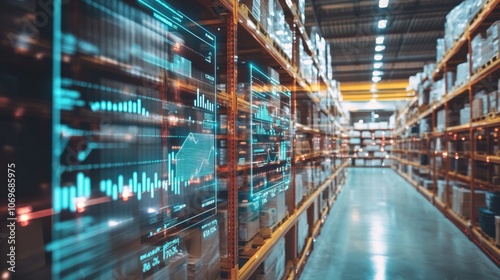 A modern warehouse with digital data overlays, showcasing inventory management and data analytics amidst organized shelves.