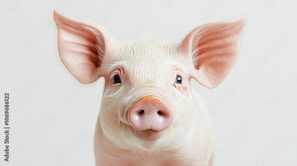 92.A young pig with big, expressive eyes and a slight smile, facing forward against a bright white background. The pig’s ears are floppy, and its pink skin is smooth and vibrant. The simple backdrop 92.A young pig with big, expressive eyes and a slight smile, facing forward against a bright white background. The pig’s ears are floppy, and its pink skin is smooth and vibrant. The simple backdrop