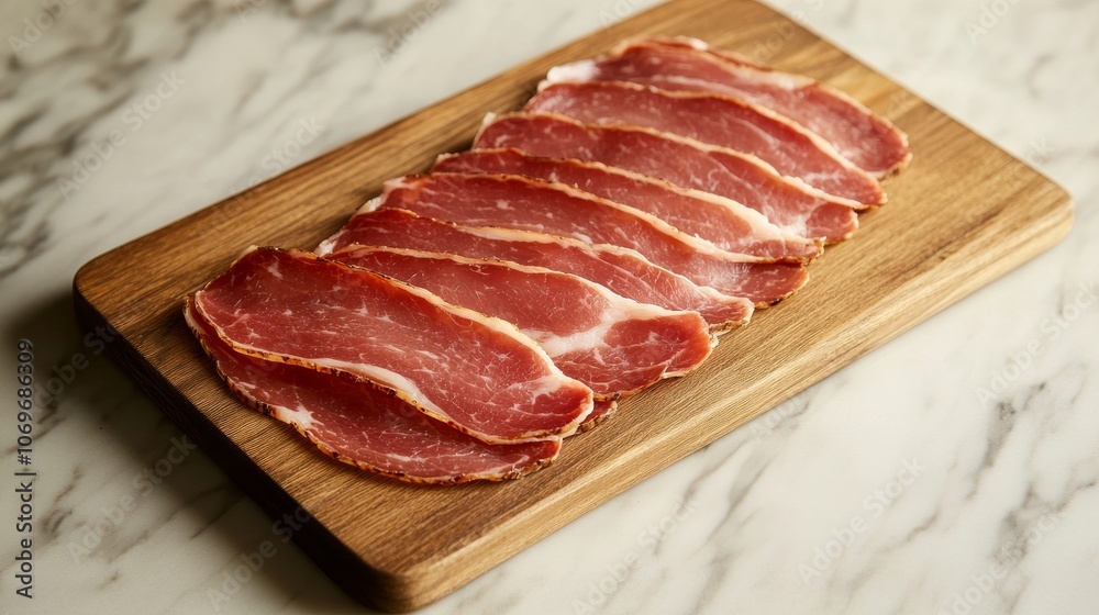 96.Thin slices of capocollo, an Italian cured pork cut, arranged delicately on a wooden board. The marbled texture of the meat is visible, with the deep red of the pork contrasting against the white 96.Thin slices of capocollo, an Italian cured pork cut, arranged delicately on a wooden board. The marbled texture of the meat is visible, with the deep red of the pork contrasting against the white