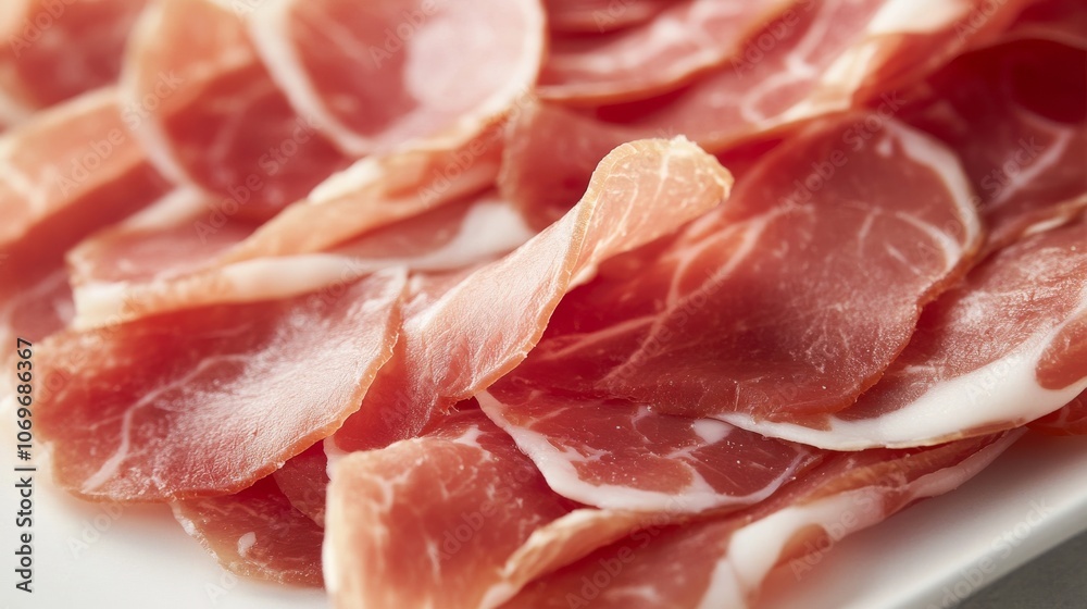 98.A platter of coppa, featuring thin, delicate slices of cured pork shoulder. The slices are translucent, with rich red tones and white marbling. The meat is arranged neatly on a white plate, with 98.A platter of coppa, featuring thin, delicate slices of cured pork shoulder. The slices are translucent, with rich red tones and white marbling. The meat is arranged neatly on a white plate, with