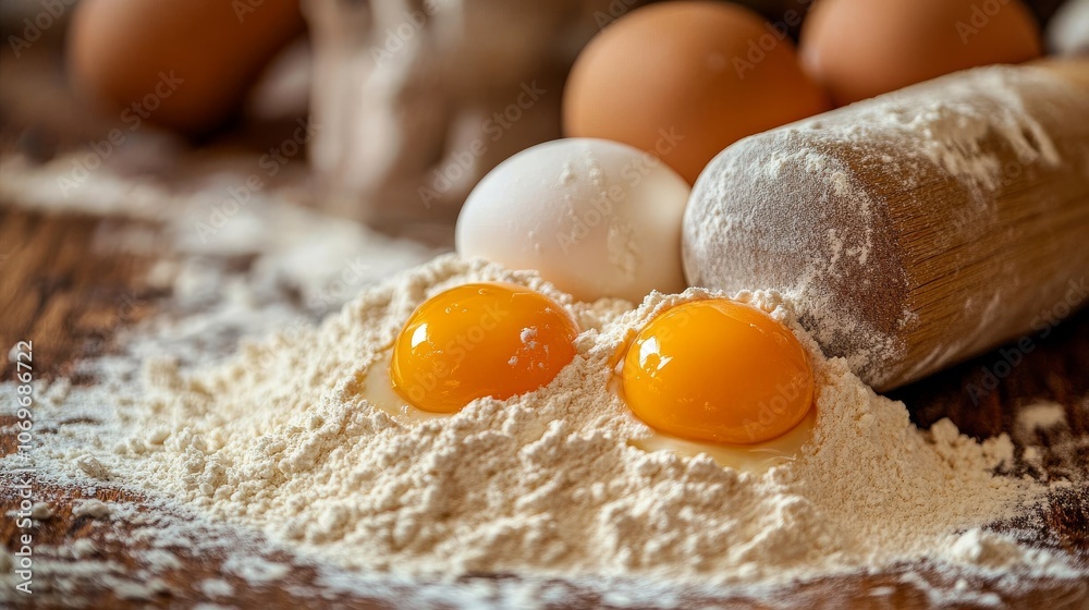 Fresh eggs and flour ready for baking Fresh eggs and flour ready for baking