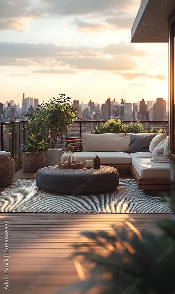 Obraz premium Modern balcony with city skyline view at sunset.