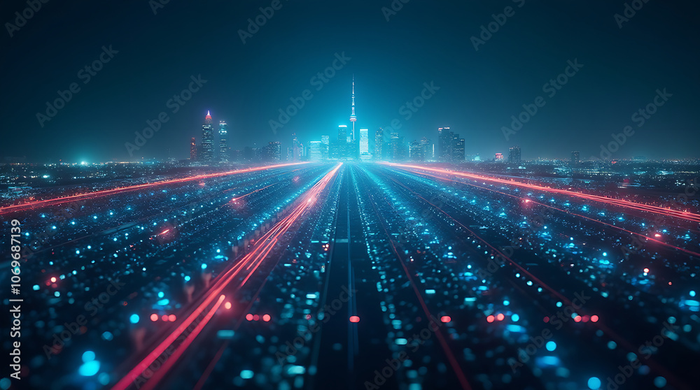 Fototapeta premium Smart city digital transformation development concept. Band lights over modern urban cityscape at night. New fast internet communication 5G technology. Fiber Optics.