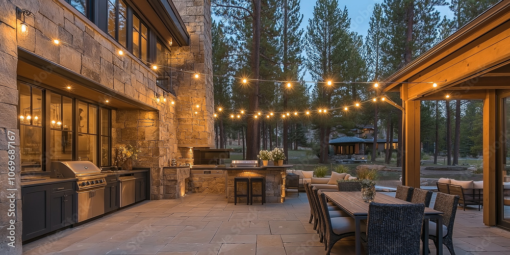 Fototapeta premium Outdoor kitchen and dining area illuminating a luxurious home patio at twilight