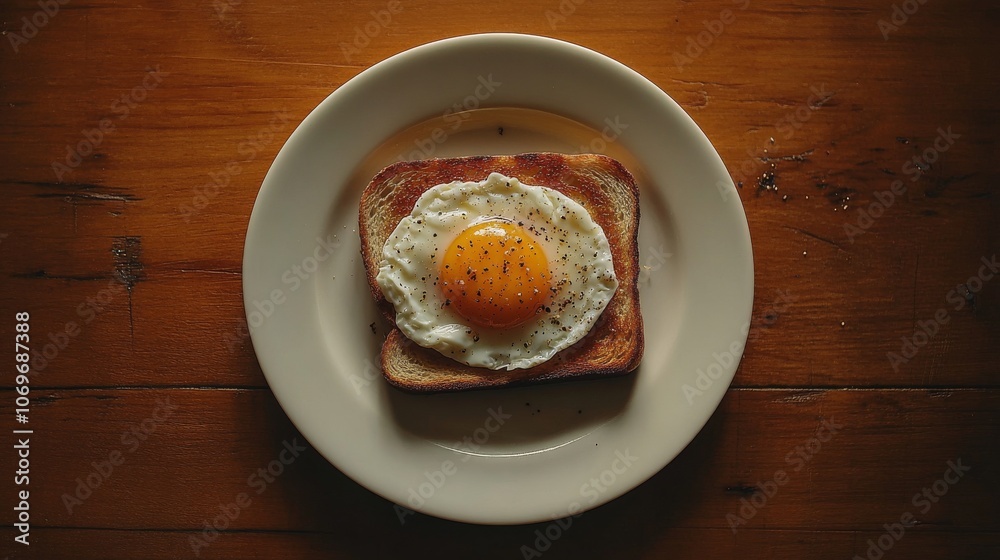 Fried egg on toast served on a rustic wooden table Fried egg on toast served on a rustic wooden table