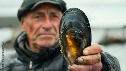 Skilled fisherman proudly displays freshly harvested mussel, showcasing vibrant colors and textures from the sea