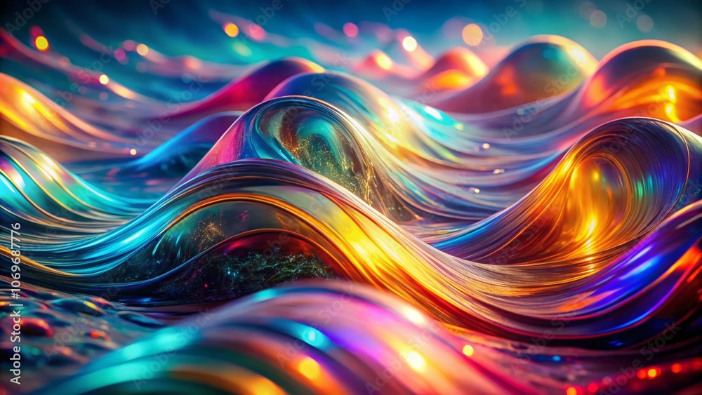 Fototapeta premium Abstract Holographic Waves: A Surreal Exploration of Colorful Textures and Fluid Dynamics in a Dreamlike Environment Capturing the Essence of Light and Movement