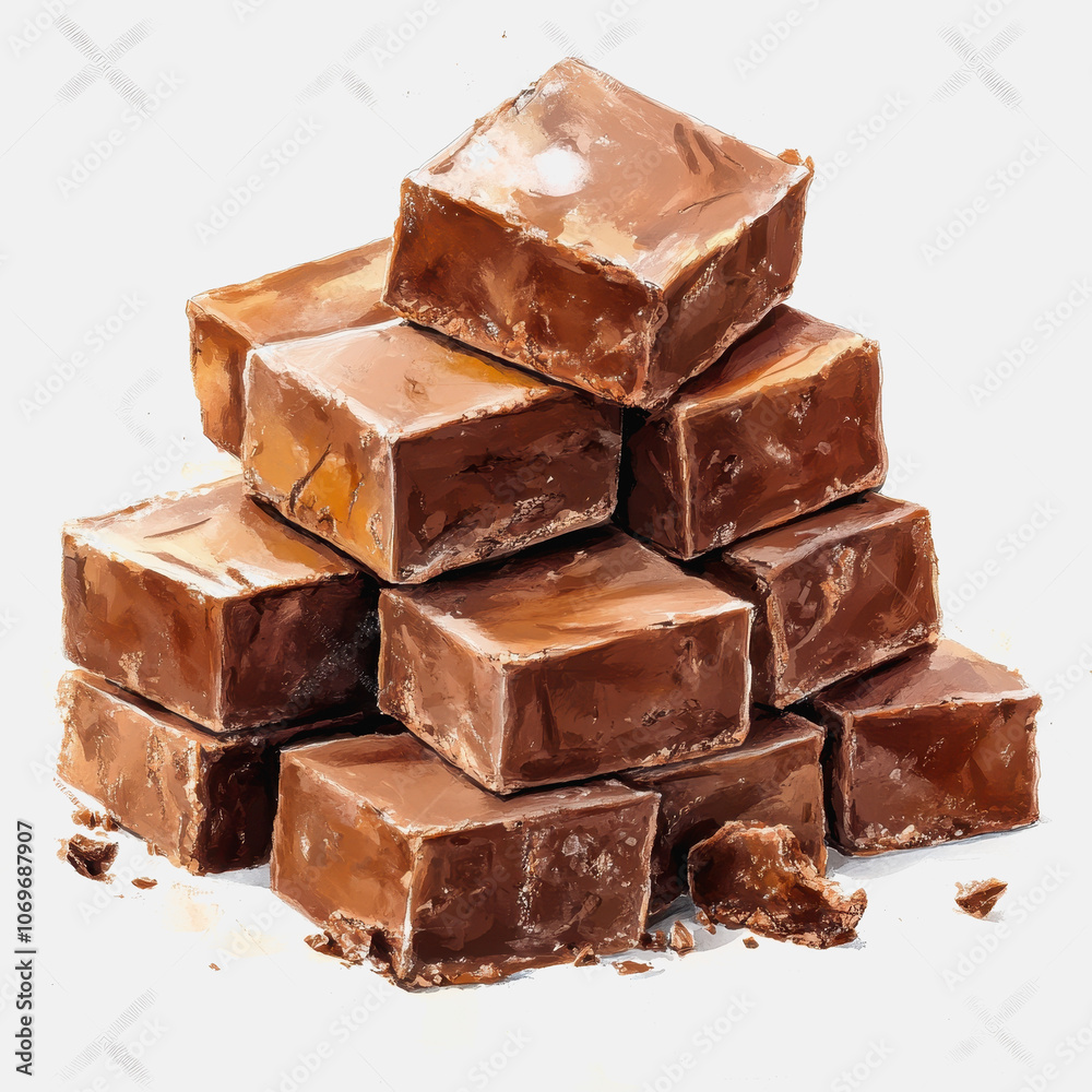 A mouthwatering pile of delicious fudge stacked on a clean white background. This visually appealing dessert showcases rich flavors and creamy textures. Perfect for food-related projects. A mouthwatering pile of delicious fudge stacked on a clean white background. This visually appealing dessert showcases rich flavors and creamy textures. Perfect for food-related projects.