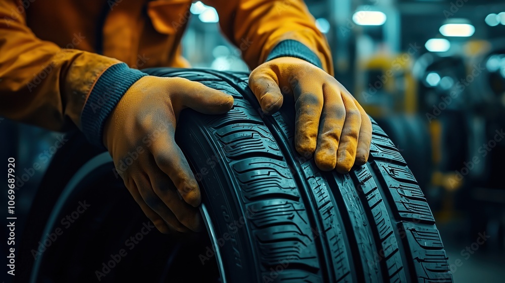 Worker wearing orange uniform and gloves checking a tire in a manufacturing plant, representing quality control, durability, and industry standards. Great for automotive and industrial visuals. Worker wearing orange uniform and gloves checking a tire in a manufacturing plant, representing quality control, durability, and industry standards. Great for automotive and industrial visuals.