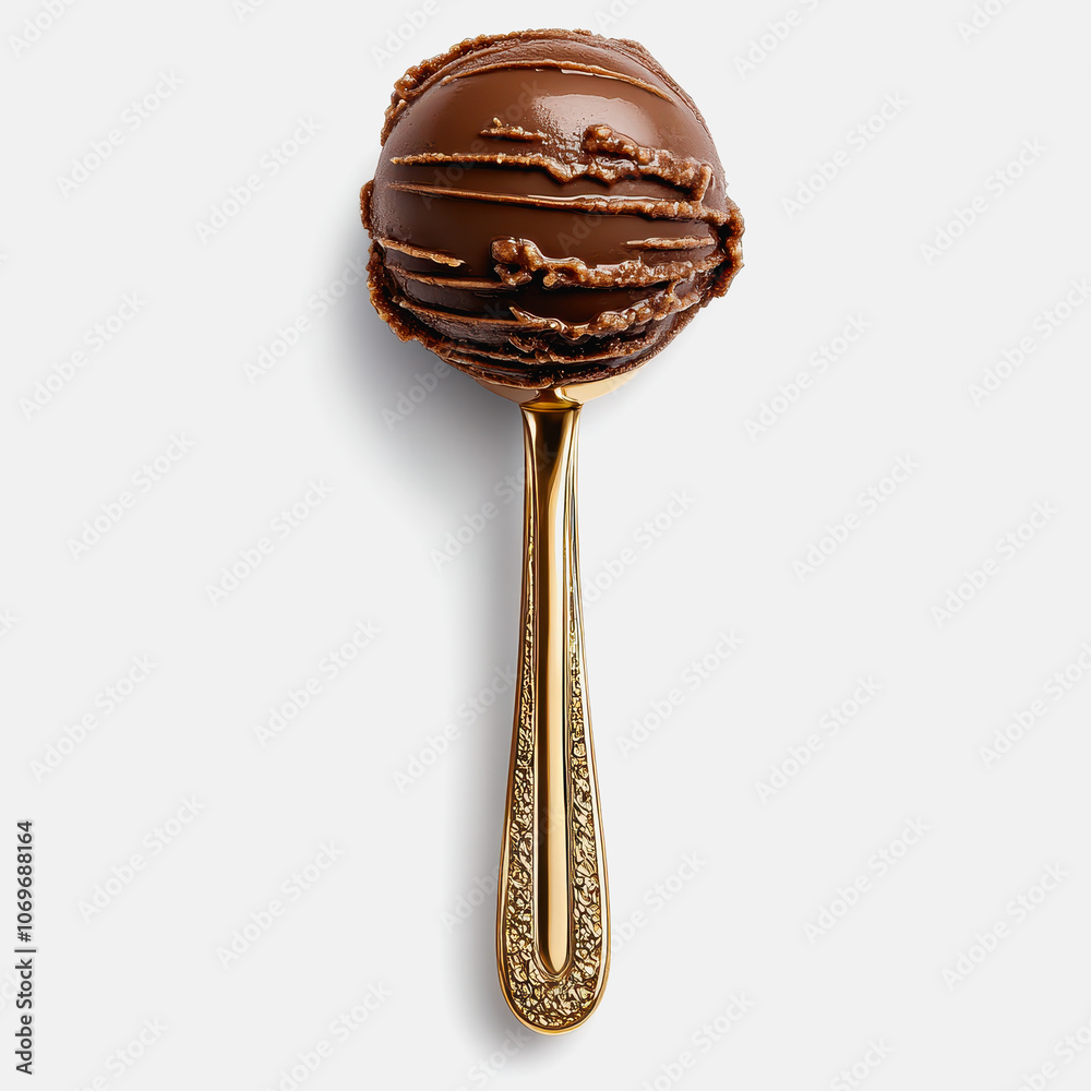 Obraz premium Indulge in a luxurious scoop of rich chocolate gelato on a sleek white background. Perfect for dessert lovers, this tasty treat is ideal for any occasion.
