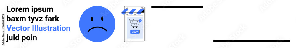 Blue sad face emotion next to a shopping bag with a shopping cart icon. Placeholder text Lorem Ipsum included. Ideal for e-commerce, social media, customer feedback, emotional expression, digital Blue sad face emotion next to a shopping bag with a shopping cart icon. Placeholder text Lorem Ipsum included. Ideal for e-commerce, social media, customer feedback, emotional expression, digital