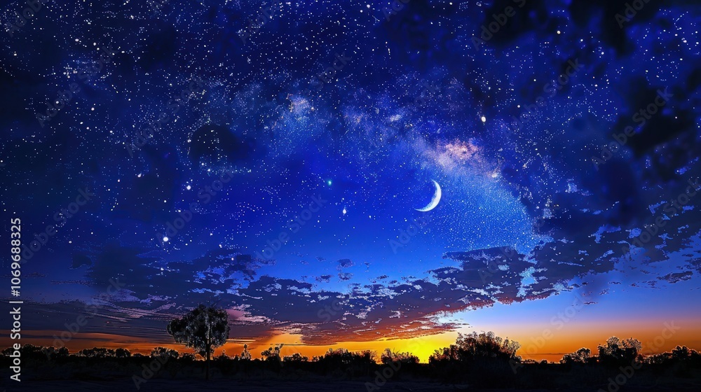 Obraz premium A stunning twilight sky filled with stars, featuring a crescent moon, transitioning from day to night with vibrant colors.
