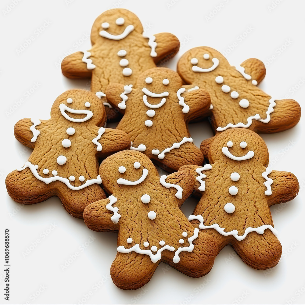 A delightful assortment of gingerbread cookies featuring cheerful faces and decorative icing, perfect for holidays or festive gatherings on a crisp white background. A delightful assortment of gingerbread cookies featuring cheerful faces and decorative icing, perfect for holidays or festive gatherings on a crisp white background.