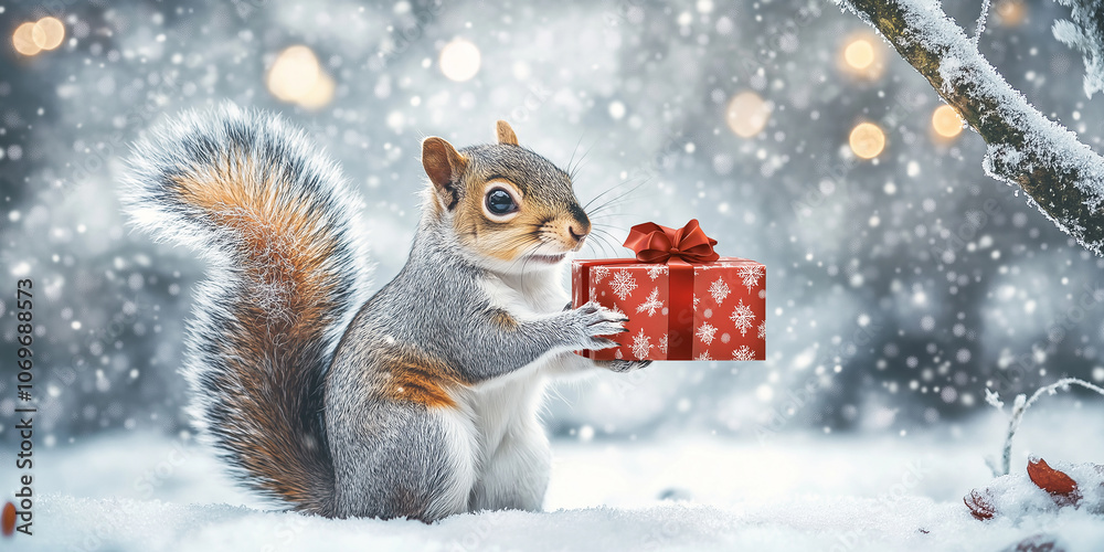 Squirrel holding christmas gift in snowy landscape with fairy lights Squirrel holding christmas gift in snowy landscape with fairy lights
