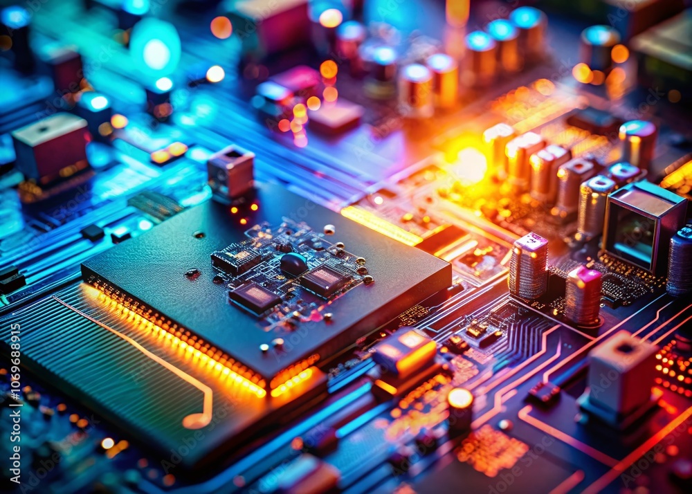 Fototapeta premium Abstract Tilt-Shift Photography of Circuit and Circuit Board Textures, Vector Illustration for Technology and Design Backgrounds, Perfect for Digital Projects and Presentations