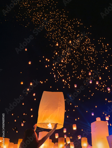 Fotografía Tourist floating sky lanterns in Loy Krathong festival , Chiang Mai ,Thailand