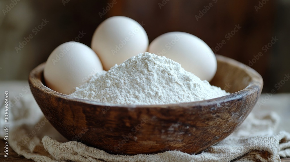 Fresh ingredients for baking: eggs and flour in a wooden bowl Fresh ingredients for baking: eggs and flour in a wooden bowl
