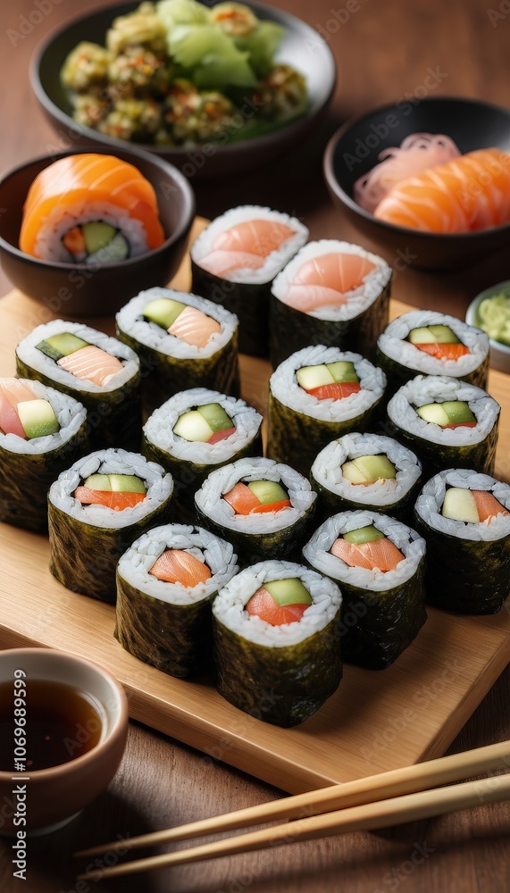 Delicious Salmon Avocado Sushi Rolls on Wooden Board with Chopsticks Delicious Salmon Avocado Sushi Rolls on Wooden Board with Chopsticks