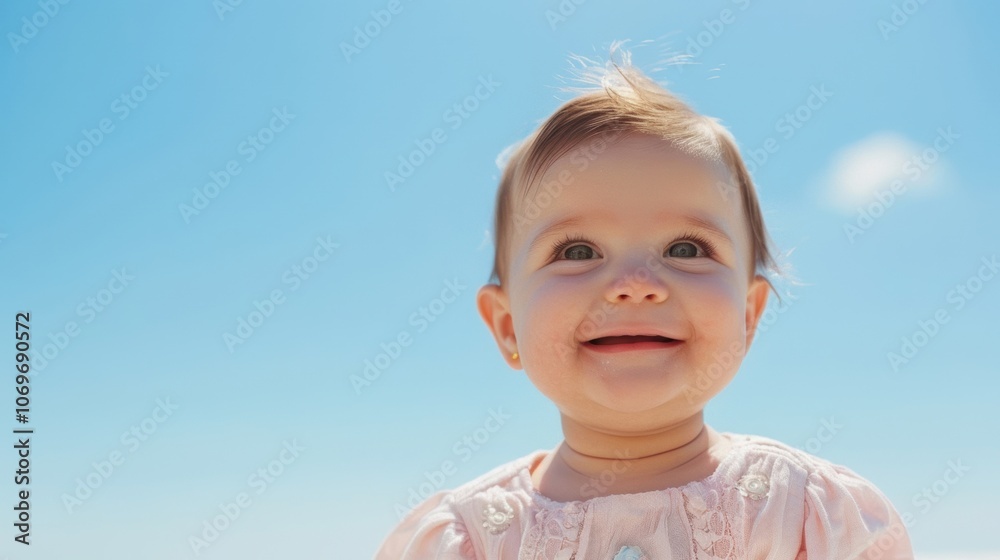 A joyful baby girl smiles brightly as she plays under a clear blue sky, capturing the innocence and happiness of childhood A joyful baby girl smiles brightly as she plays under a clear blue sky, capturing the innocence and happiness of childhood