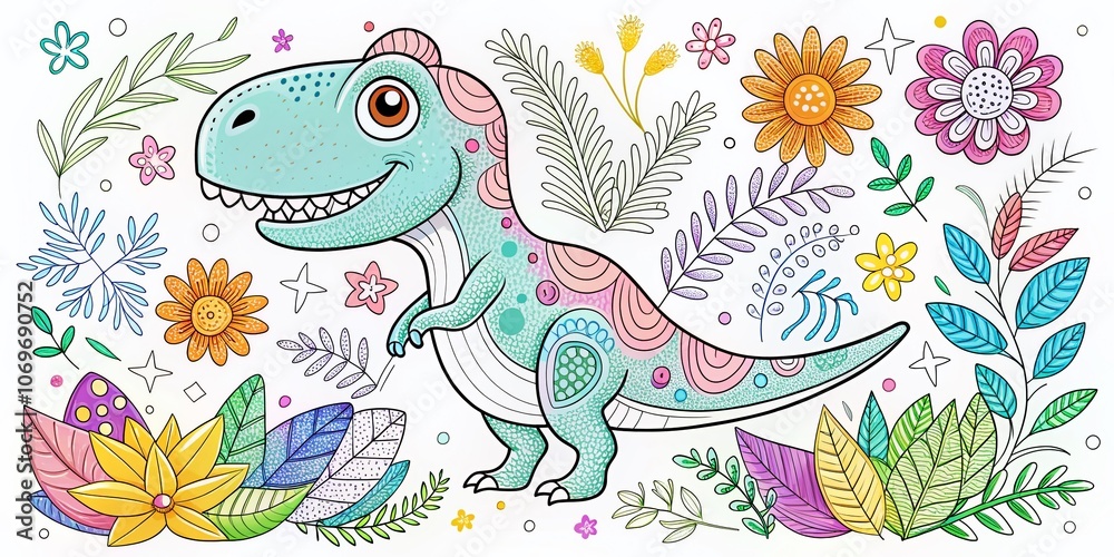 Fototapeta premium Adorable Baby Dinosaur Coloring Page Template Featuring a Cute Tyrannosaurus Surrounded by an Abstract Floral Background for Creative Fun and Imagination