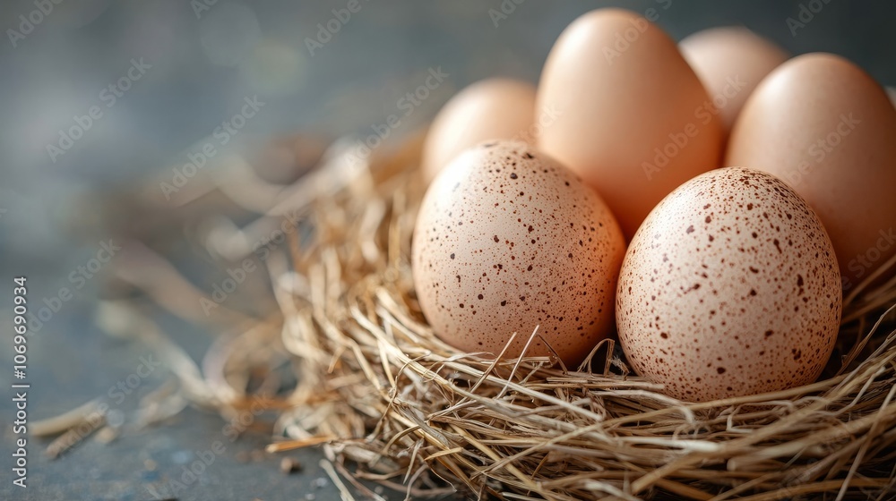 Freshly laid eggs nestled in a straw nest Freshly laid eggs nestled in a straw nest