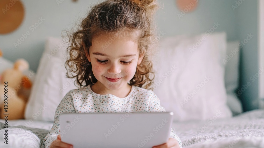 Cute young girl with curly hair happily using a tablet indoors, enjoying technology and digital interaction in a cozy home setting. Cute young girl with curly hair happily using a tablet indoors, enjoying technology and digital interaction in a cozy home setting.