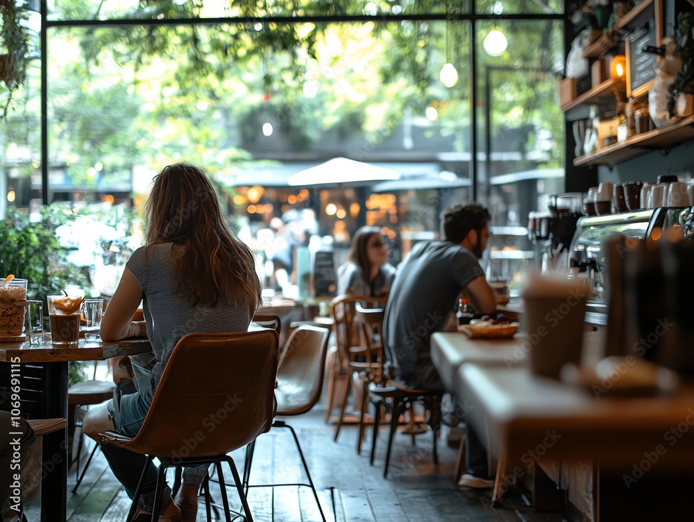 People sitting at tables in a cafe, enjoying drinks and snacks. People sitting at tables in a cafe, enjoying drinks and snacks.