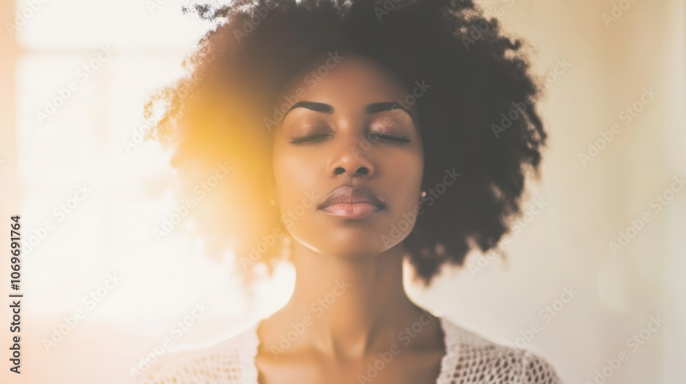 A contemplative woman stands by the window, her eyes closed as she enjoys the warm natural light, lost in thought during a quiet moment A contemplative woman stands by the window, her eyes closed as she enjoys the warm natural light, lost in thought during a quiet moment