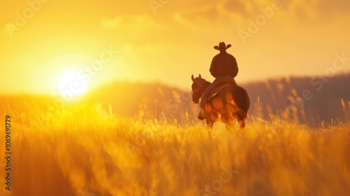 A cowboy riding a horse journeys across golden fields as the sun sets, painting the sky with warm hues in a serene countryside setting