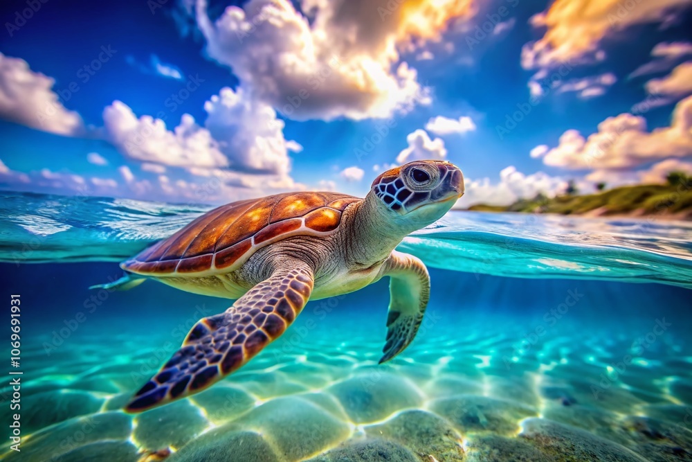 Obraz premium Adorable Little Turtle Swimming in a Crystal Clear Blue Lagoon Under Bright Summer Sunlight – A Perfect Representation of Summer Bliss in Nature
