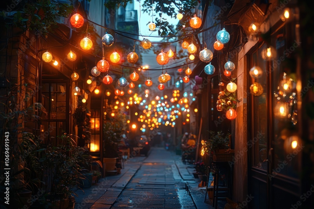 A string of colorful lights illuminate a narrow, cobblestone street lined with buildings. A string of colorful lights illuminate a narrow, cobblestone street lined with buildings.