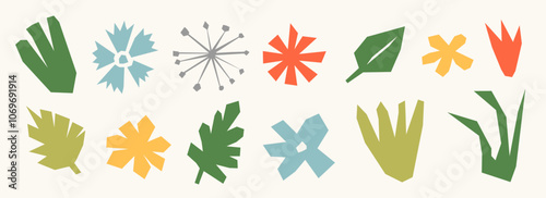 Paper cut out organic elements collection. Colorful abstract floral collage shape set. Kid cut plants, flowers, leaves bundle for decoration, poster, banner, print. Children illustration pack. Vector