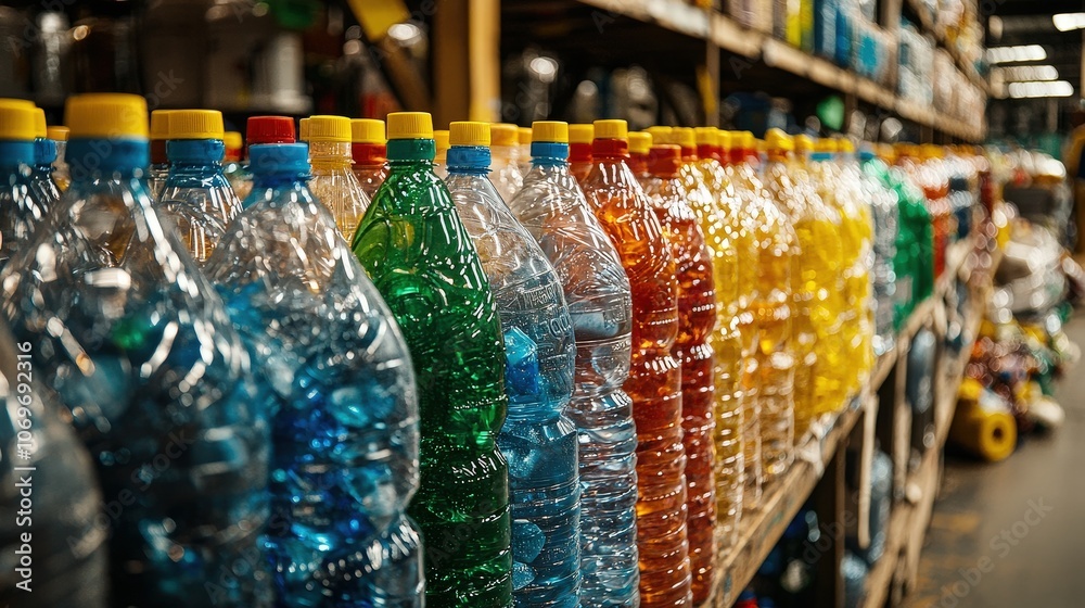 Colorful Plastic Bottles on a Shelf Recycling Sustainability Plastic Waste Packaging Colorful Plastic Bottles on a Shelf Recycling Sustainability Plastic Waste Packaging
