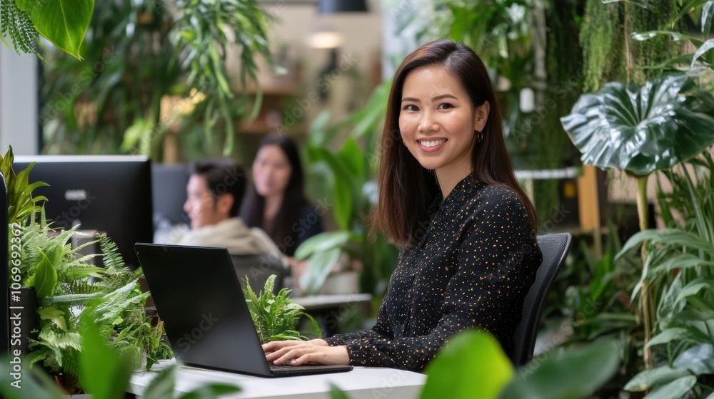 A woman is sitting at a desk with a laptop in front of her. Generative AI