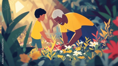 Grandfather and Grandson Gardening Together