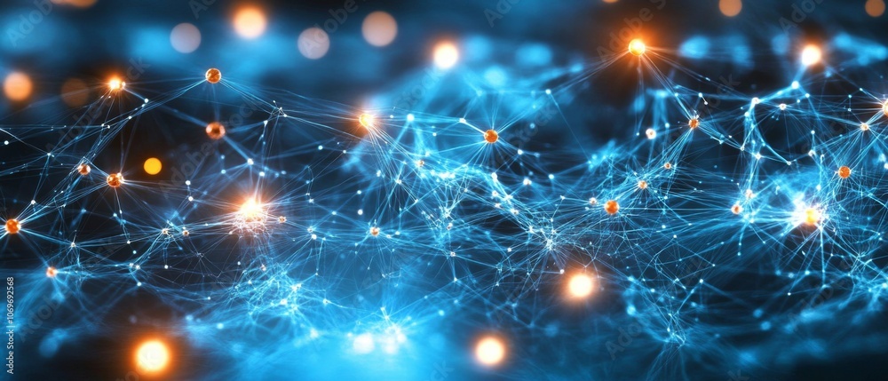 Obraz premium Digital illustration network interconnected lines dots dark blue Close up