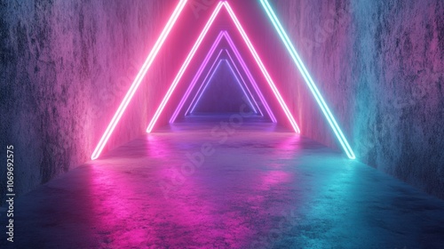 Futuristic neon lights create a mesmerizing corridor with geometric patterns, casting vibrant colors against the textured walls photo