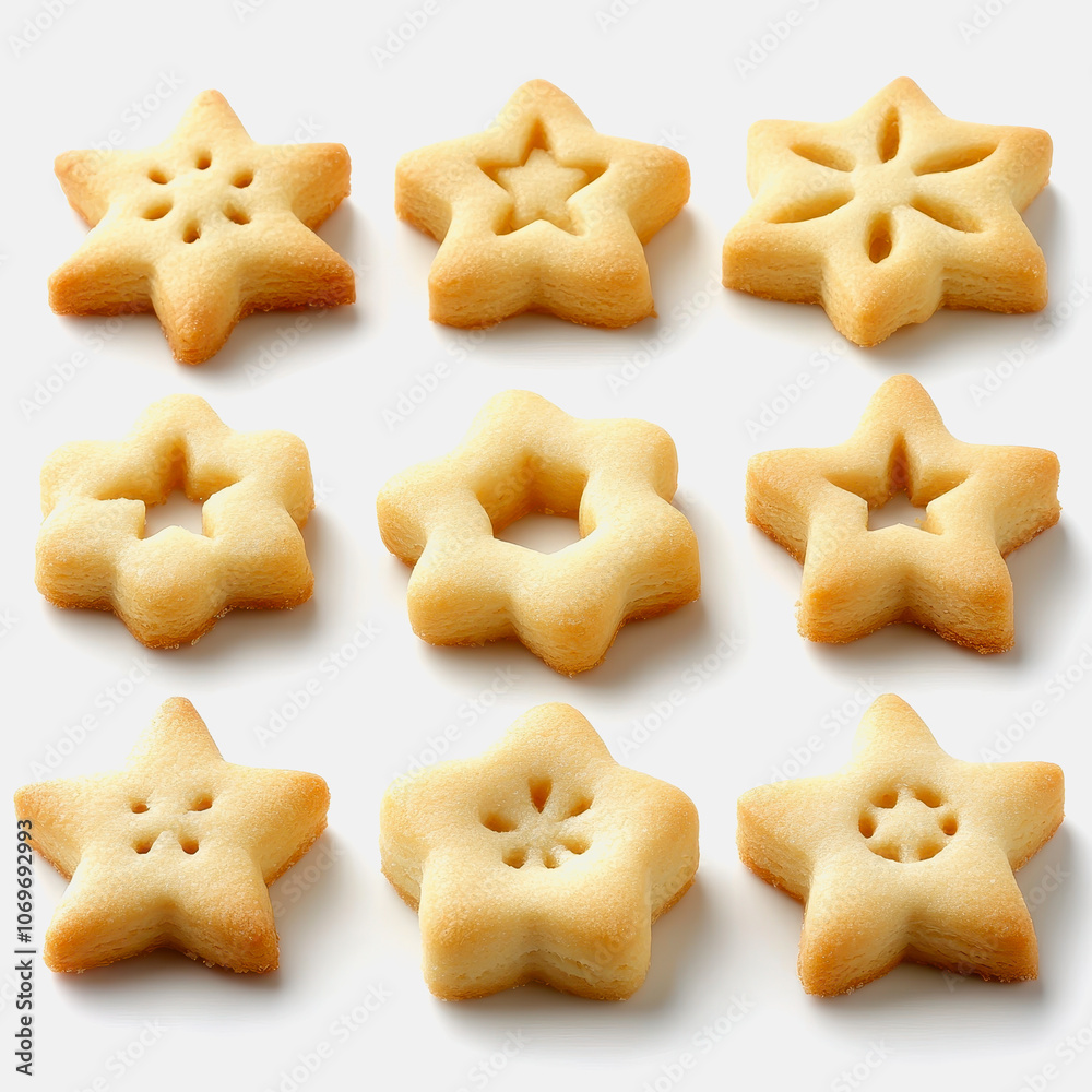 A visually appealing arrangement of delicate shortbread cookies in star shapes, perfect for festive occasions. Set against a clean light background, these baked treats bring warmth and joy.