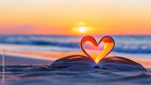 A heart shape created by the pages of a book reflects the warm hues of a sunset over the ocean, symbolizing love and serenity photo