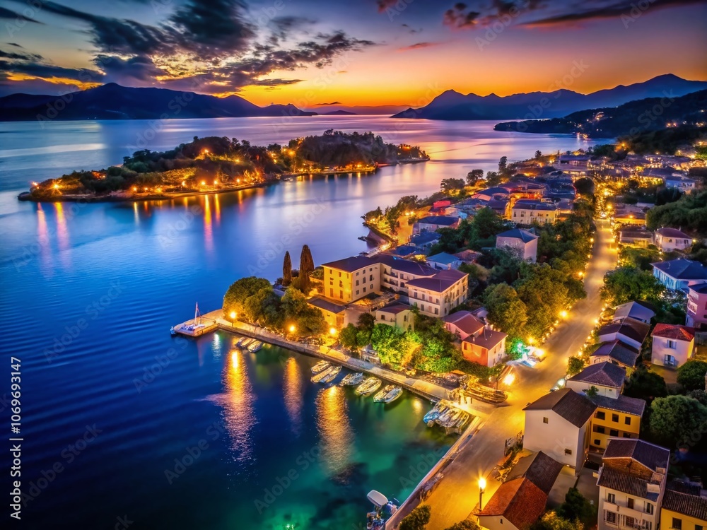 Fototapeta premium Aerial Night Photography of Dassia, Corfu Island - Captivating Coastal Views, Illuminated Shores, and Starry Skies Over the Beautiful Greek Destination
