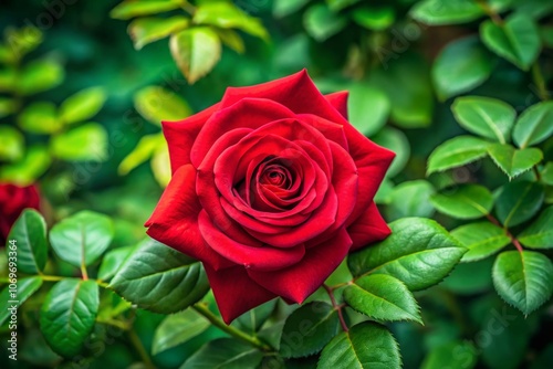 Aerial Photography of a Single Red Rose Surrounded by Lush Greenery, Capturing the Beauty and Elegance of Nature's Most Iconic Flower in Stunning Detail and Vivid Colors